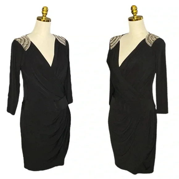 CACHE | Black Faux Wrap Shoulder Embedded Ruched Cocktail Mini Dress Size S - Picture 4 of 10